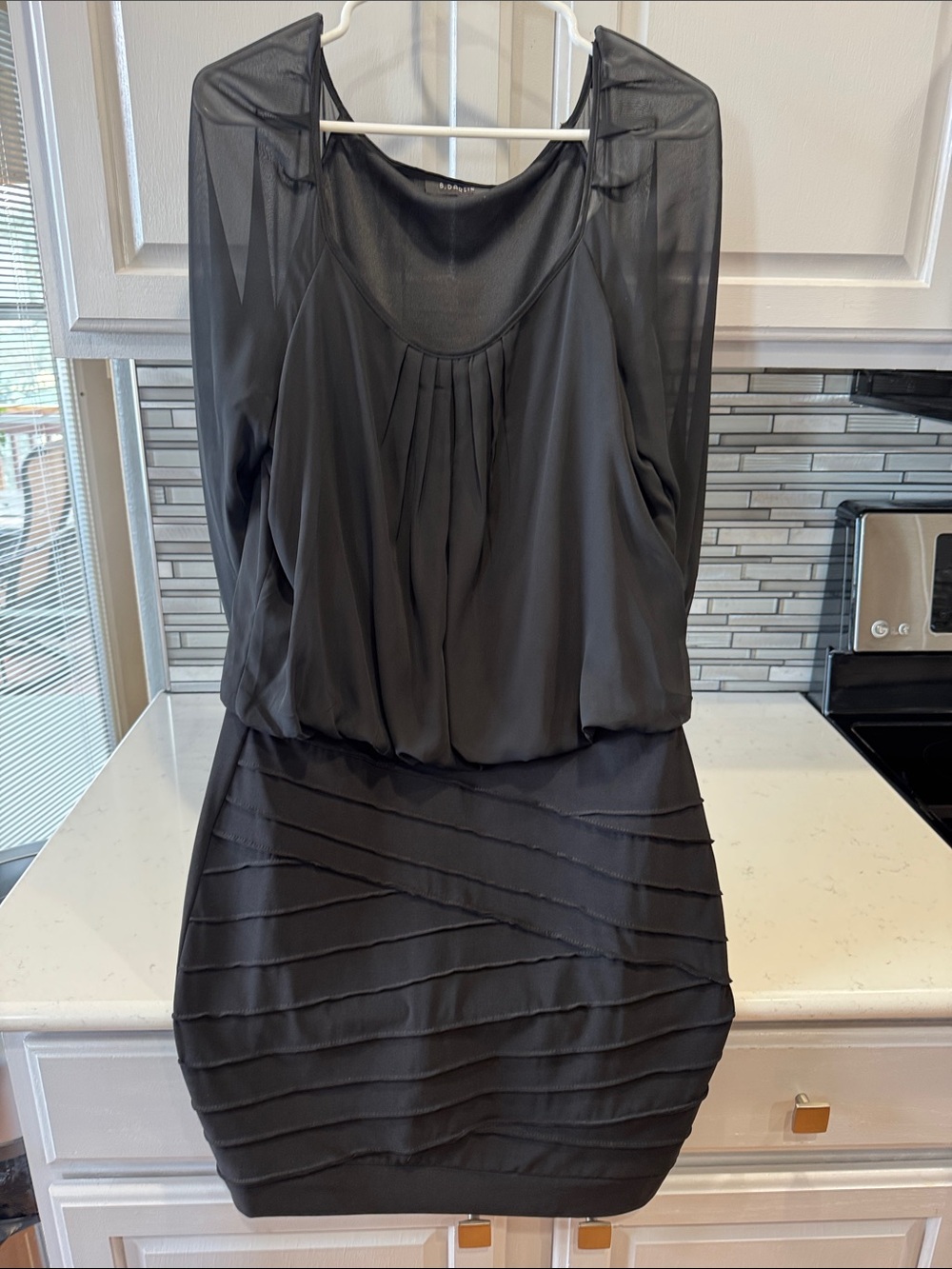 B Darlin Black Pleated Bodice Mini Dress with Sheer Sleeves